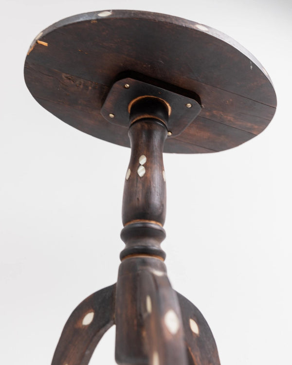Vintage Early 19th Century Side Table, Dark Wood with Mother of Pearl Inlay, Three Legged Oval Form, Ethno Style Furniture, Gift Idea_Bottega Jacobs