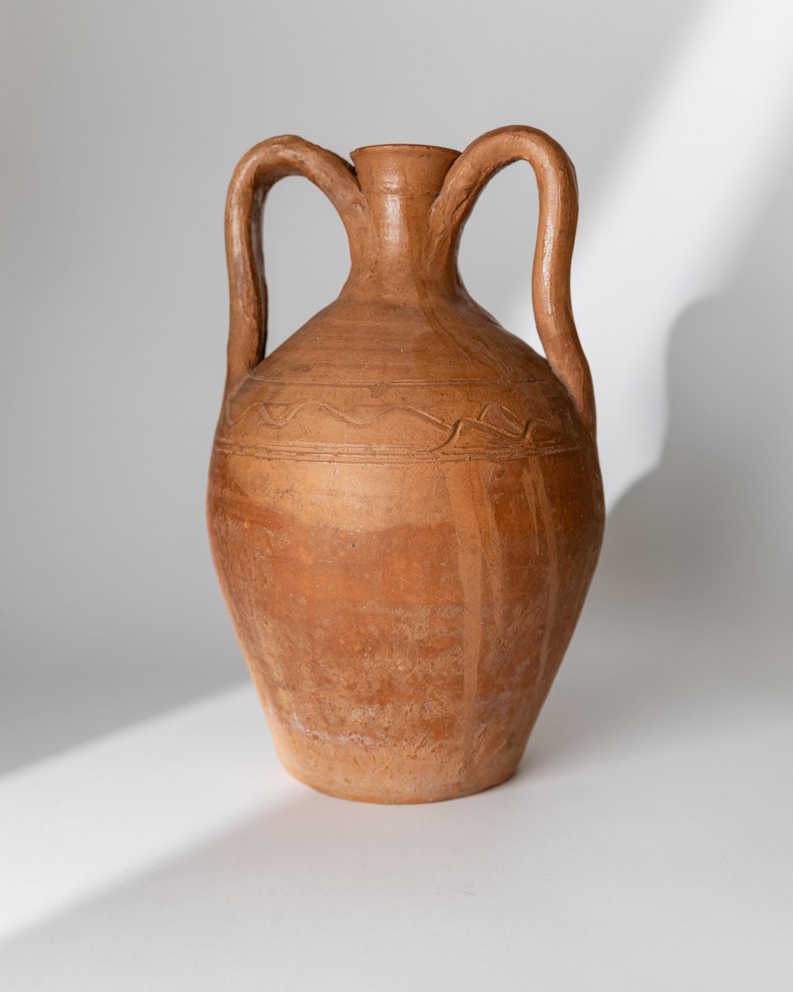 Vintage Early 19th Century Terracotta Amphora Vase, Handcrafted Italian Jug with Two Handles, Rustic Rural Decor with Fine Lines, Gift Idea_Bottega Jacobs