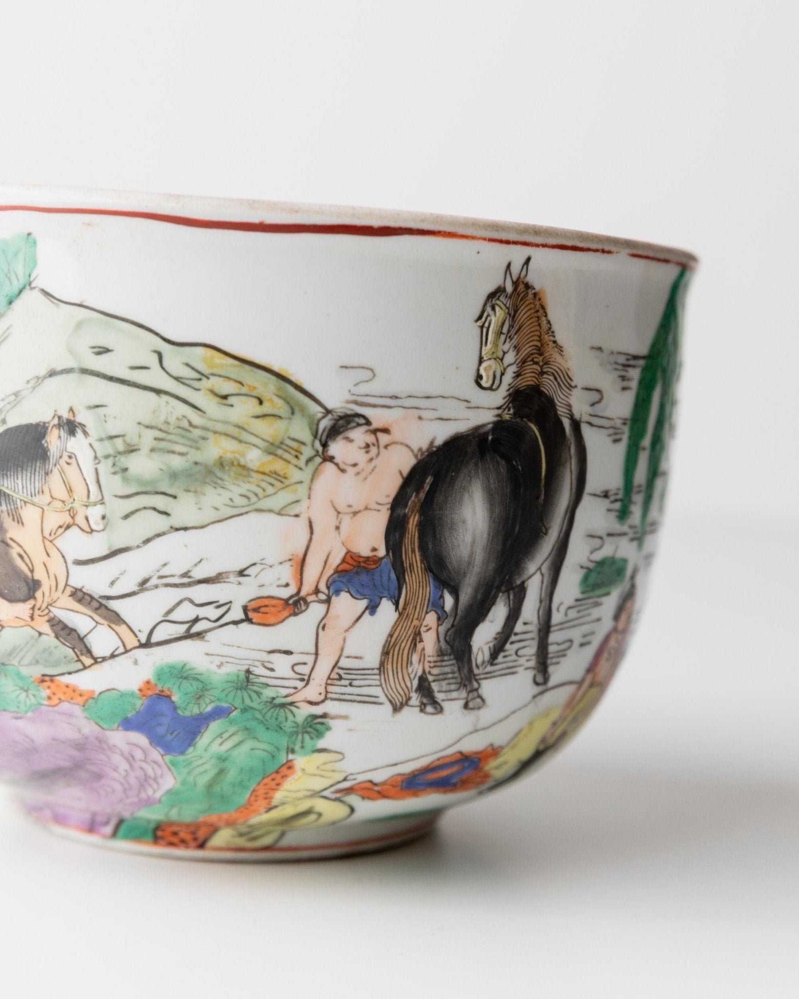 Vintage flower pot Chinese motif - decorative bowl hand - painted, horses and figures - China 1950s - elegant decoration, gift idea_Bottega Jacobs