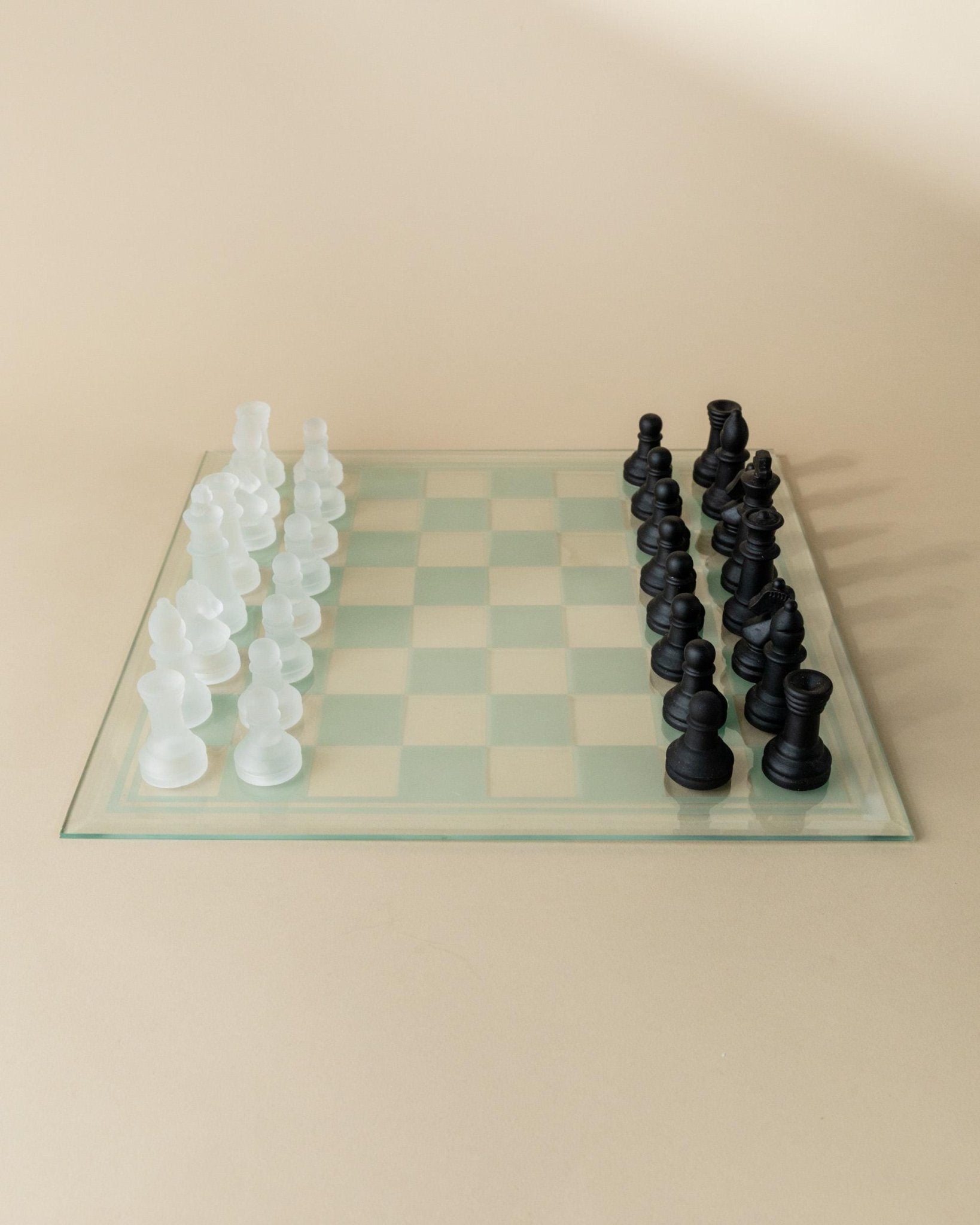 Vintage Glass Chessboard - Black and Frosted Glass Chess Pieces - minimal, timeless Design Italy 1980s - Elegant, unique Gift Idea_Bottega Jacobs