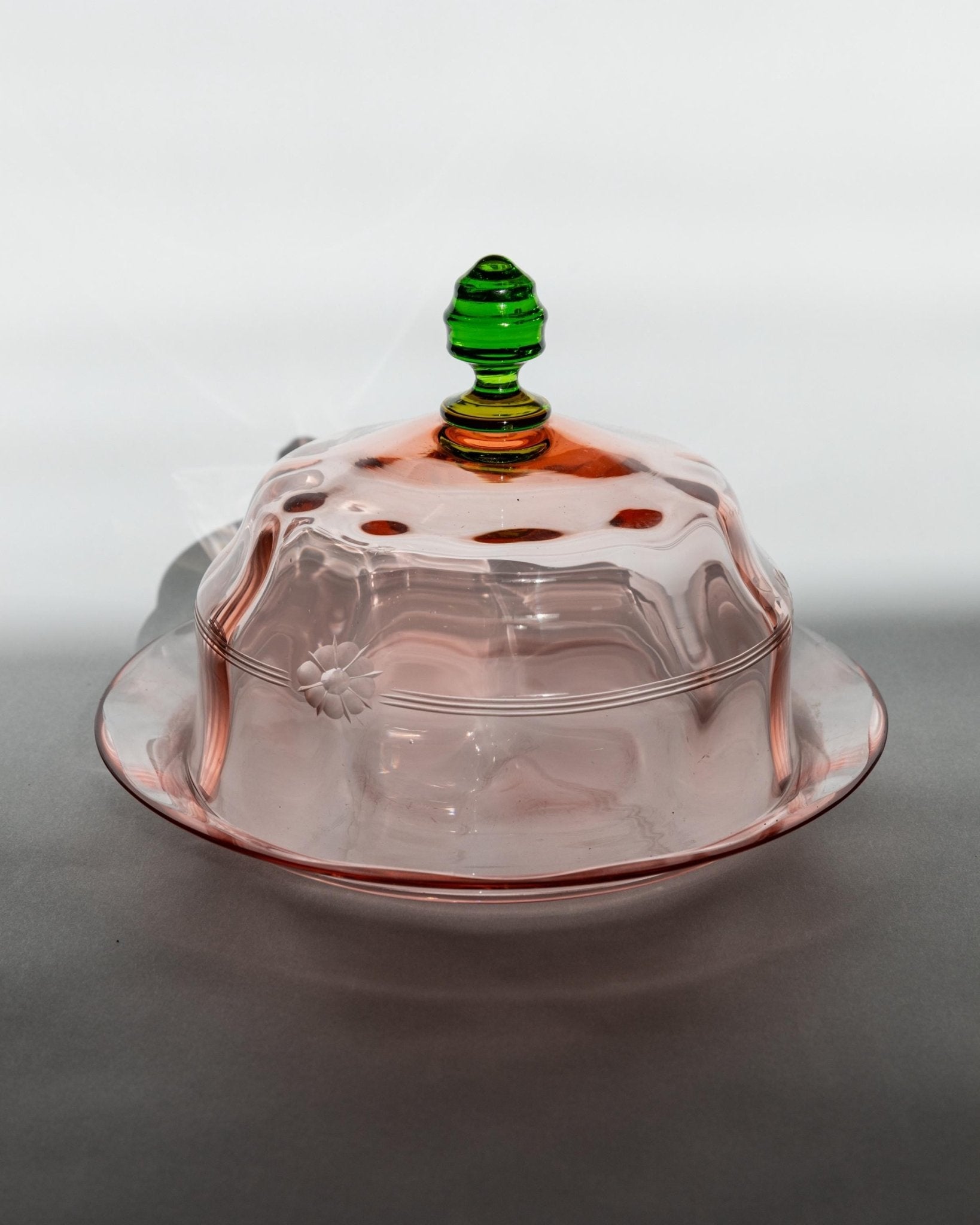 Vintage Glass Covered Dish - Cloche with Plate, Pink and Green Engraved Floral Design - Italy 1930s - Gift Idea Elegant, Table Decoration_Bottega Jacobs