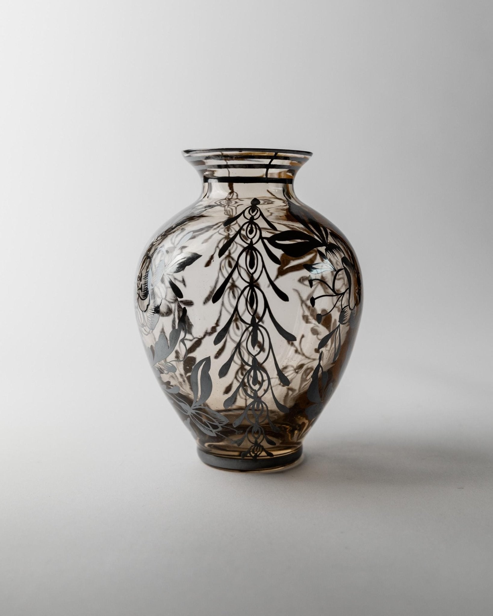 Vintage Glass Vase with Silver Overlay - Floral Paintings, Brown Glass, Round Shape - Italy 1930s - Classic Timeless Flower Vase, Gift Idea_Bottega Jacobs
