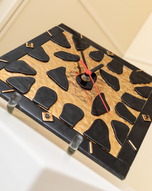Vintage glass wall clock Italy 1980s - leo pattern in gold and black - Murano glass Memphis style - gift retro, 80s pop art_Bottega Jacobs
