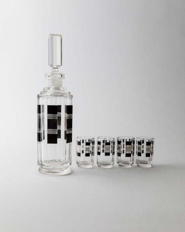 Vintage Liqueur Set Art Deco - Karl Plada 1930s - Crystal Glass with Silver Details - 1 Decanter with Stopper, 4 Glasses - Elegant Gift Idea_Bottega Jacobs