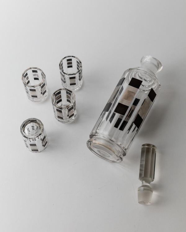 Vintage Liqueur Set Art Deco - Karl Plada 1930s - Crystal Glass with Silver Details - 1 Decanter with Stopper, 4 Glasses - Elegant Gift Idea_Bottega Jacobs