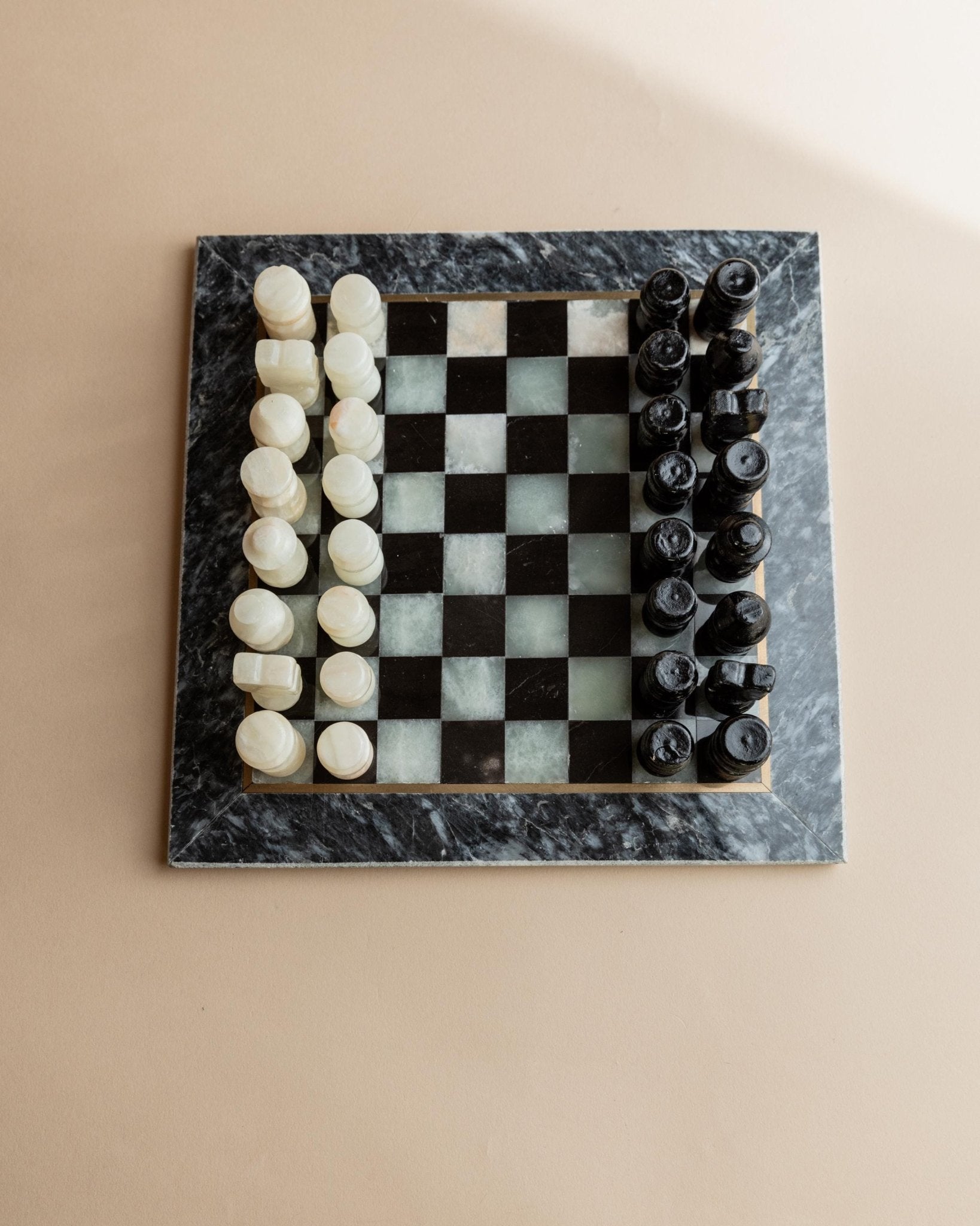 Vintage Marble Chess Set - Black and Cream Stone Board with Carved Pieces, Timeless Design Italy 1960s - Gift Idea Elegant, Retro Decoration_Bottega Jacobs