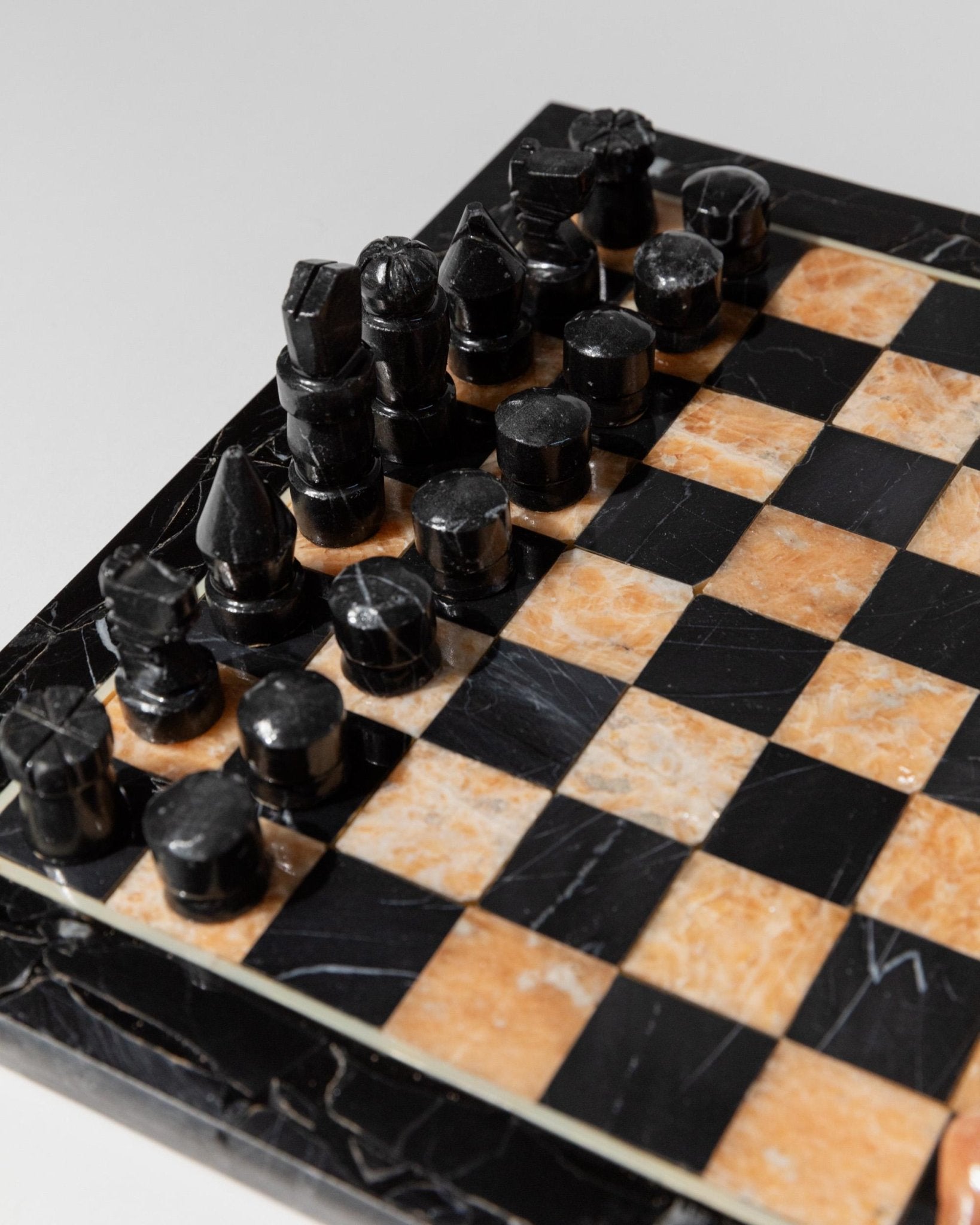 Vintage Marble Chessboard - Stone Chess Pieces, Peach and Black Marble Board - Timeless Design Italy 1960s - Elegant Gift Idea, Board Game_Bottega Jacobs