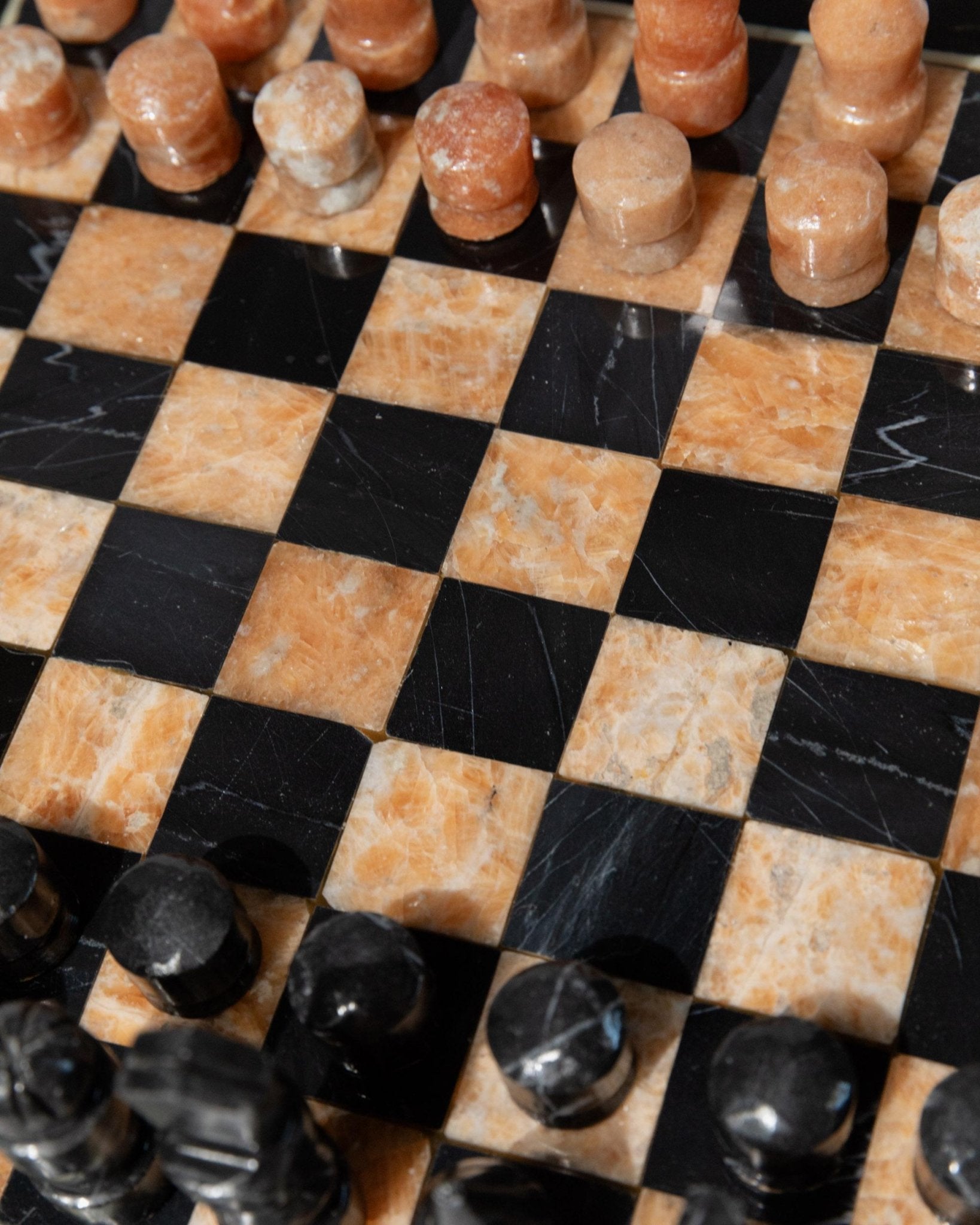 Vintage Marble Chessboard - Stone Chess Pieces, Peach and Black Marble Board - Timeless Design Italy 1960s - Elegant Gift Idea, Board Game_Bottega Jacobs