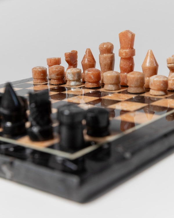 Vintage Marble Chessboard - Stone Chess Pieces, Peach and Black Marble Board - Timeless Design Italy 1960s - Elegant Gift Idea, Board Game_Bottega Jacobs