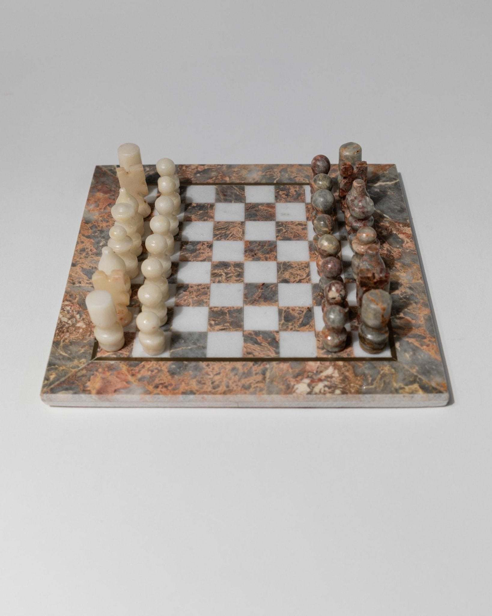 Vintage Marble Chessboard with Chess Pieces - Grey, white and rosé Marble Board, metal Inlay - Timeless Design Italy 60s - Elegant Gift Idea_Bottega Jacobs