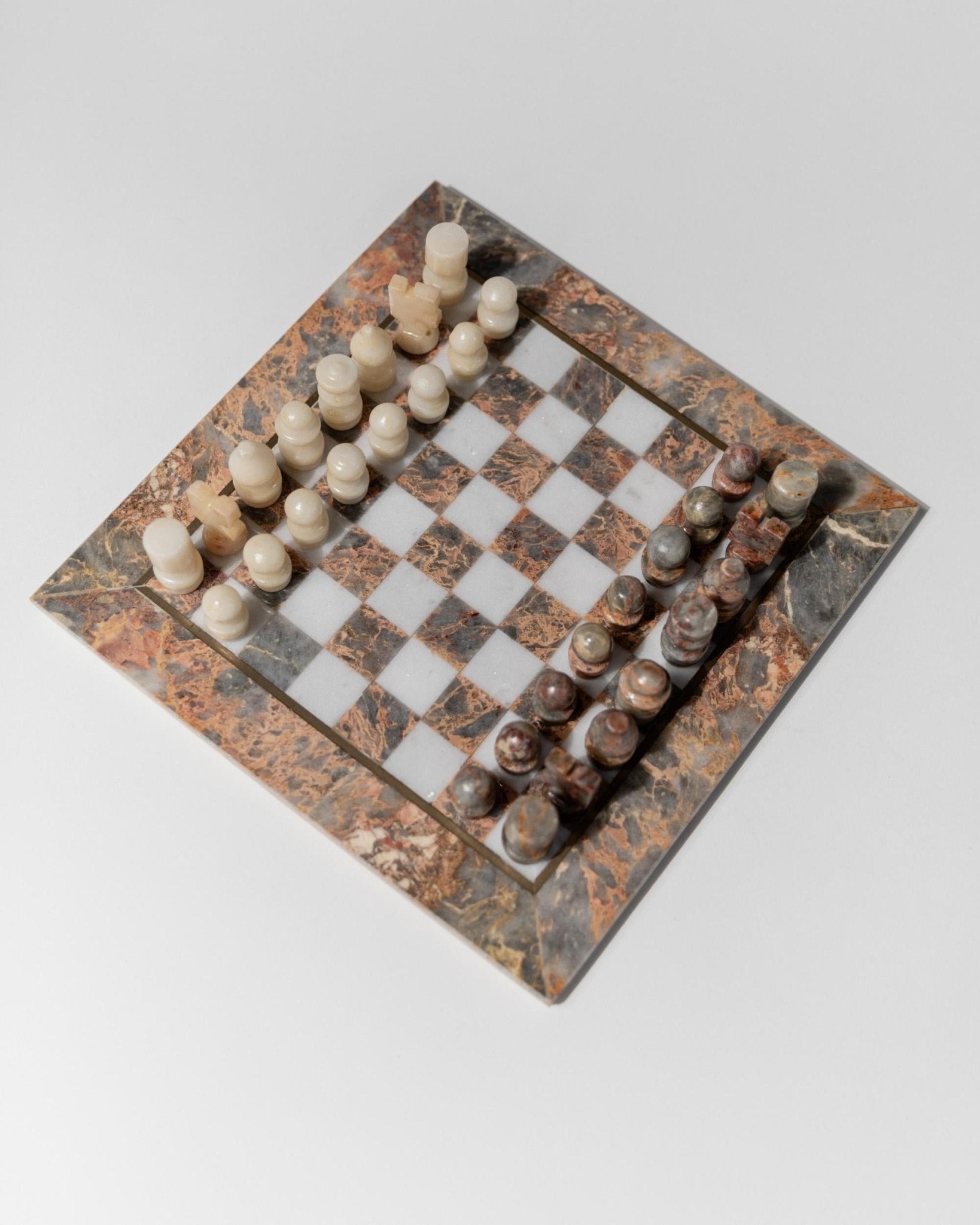 Vintage Marble Chessboard with Chess Pieces - Grey, white and rosé Marble Board, metal Inlay - Timeless Design Italy 60s - Elegant Gift Idea_Bottega Jacobs