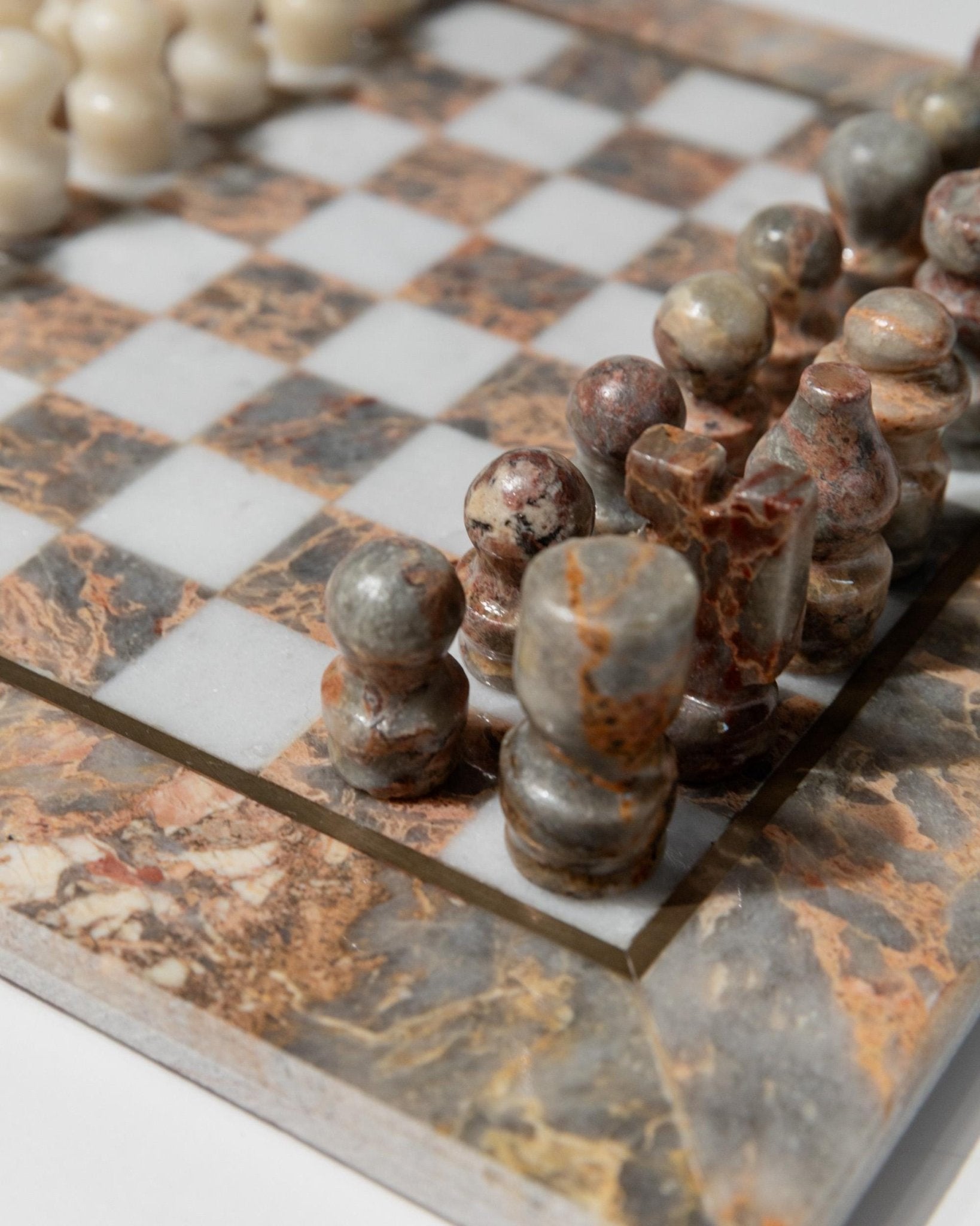 Vintage Marble Chessboard with Chess Pieces - Grey, white and rosé Marble Board, metal Inlay - Timeless Design Italy 60s - Elegant Gift Idea_Bottega Jacobs