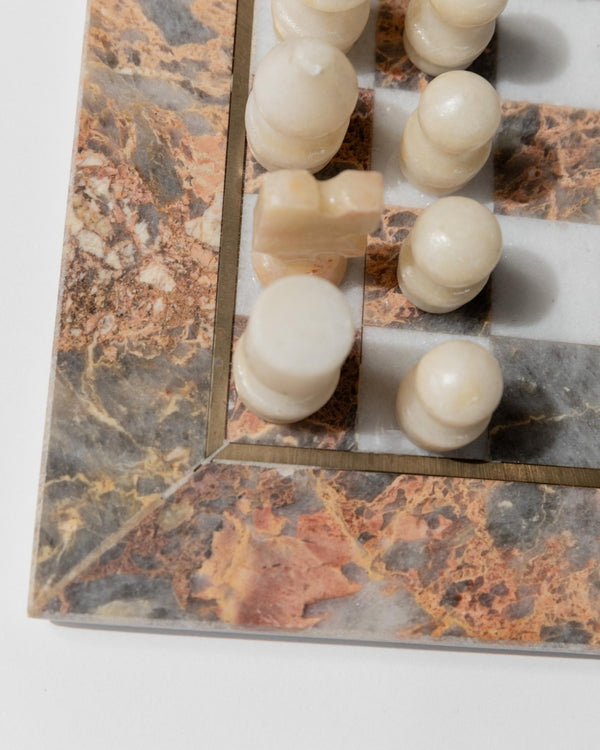 Vintage Marble Chessboard with Chess Pieces - Grey, white and rosé Marble Board, metal Inlay - Timeless Design Italy 60s - Elegant Gift Idea_Bottega Jacobs