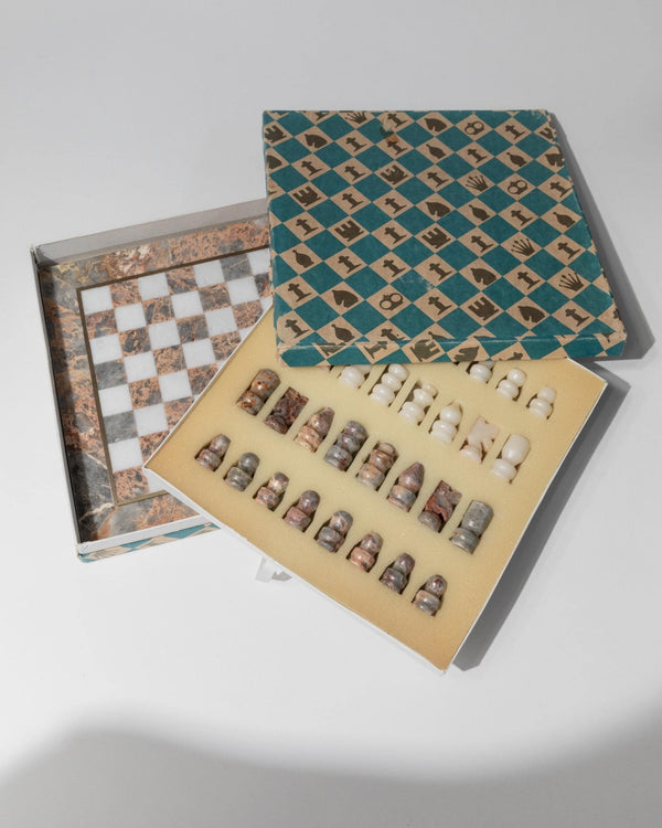 Vintage Marble Chessboard with Chess Pieces - Grey, white and rosé Marble Board, metal Inlay - Timeless Design Italy 60s - Elegant Gift Idea_Bottega Jacobs