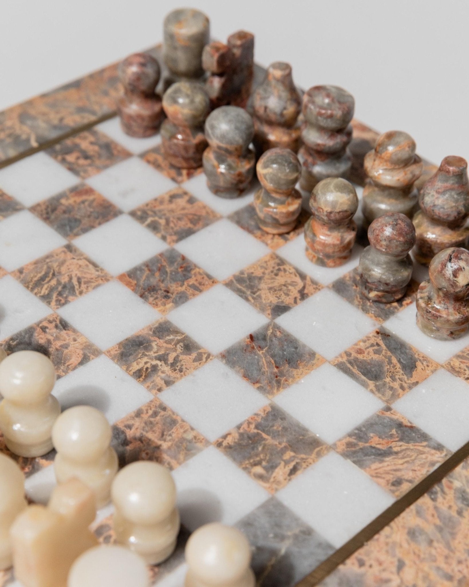 Vintage Marble Chessboard with Chess Pieces - Grey, white and rosé Marble Board, metal Inlay - Timeless Design Italy 60s - Elegant Gift Idea_Bottega Jacobs