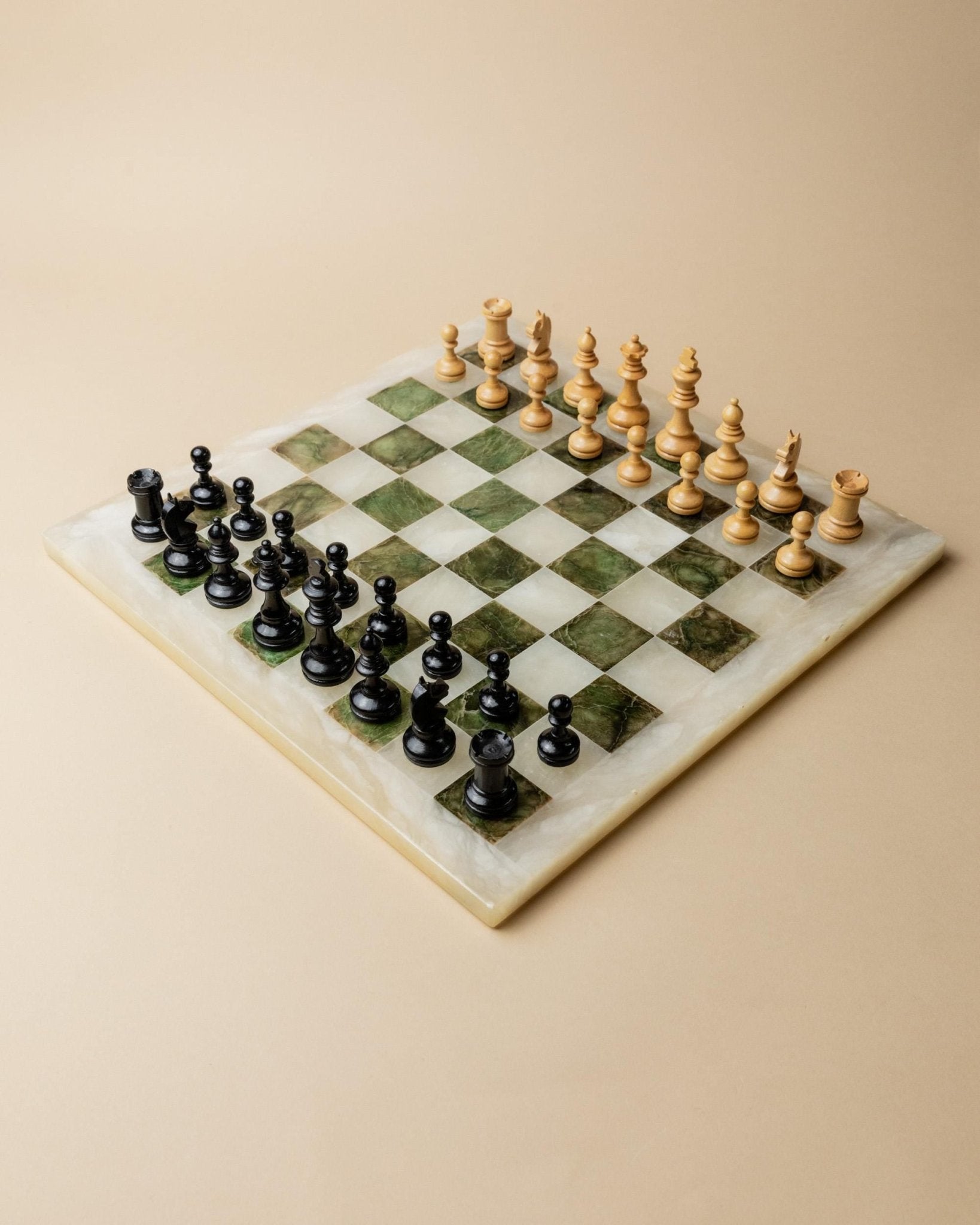 Vintage Marble Chessboard - Wooden Chess Pieces, Beige and Green Marble Board - Timeless Design Italy 1970s - Elegant, Unique Gift Idea_Bottega Jacobs