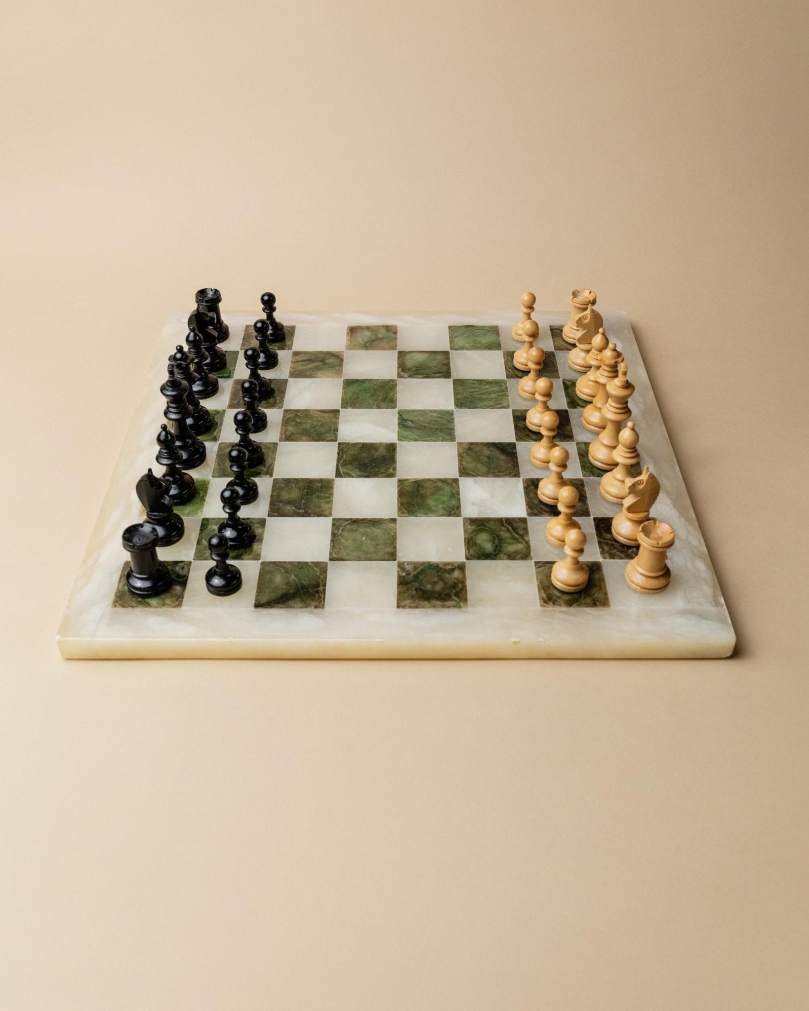 Vintage Marble Chessboard - Wooden Chess Pieces, Beige and Green Marble Board - Timeless Design Italy 1970s - Elegant, Unique Gift Idea_Bottega Jacobs