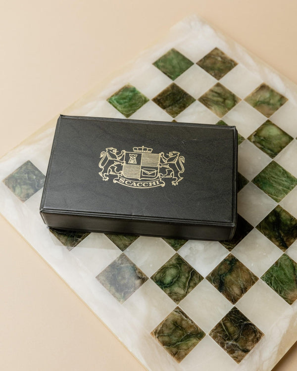 Vintage Marble Chessboard - Wooden Chess Pieces, Beige and Green Marble Board - Timeless Design Italy 1970s - Elegant, Unique Gift Idea_Bottega Jacobs