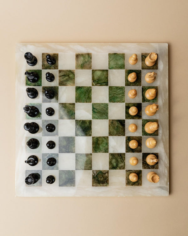 Vintage Marble Chessboard - Wooden Chess Pieces, Beige and Green Marble Board - Timeless Design Italy 1970s - Elegant, Unique Gift Idea_Bottega Jacobs