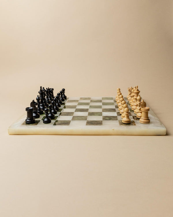 Vintage Marble Chessboard - Wooden Chess Pieces, Beige and Green Marble Board - Timeless Design Italy 1970s - Elegant, Unique Gift Idea_Bottega Jacobs