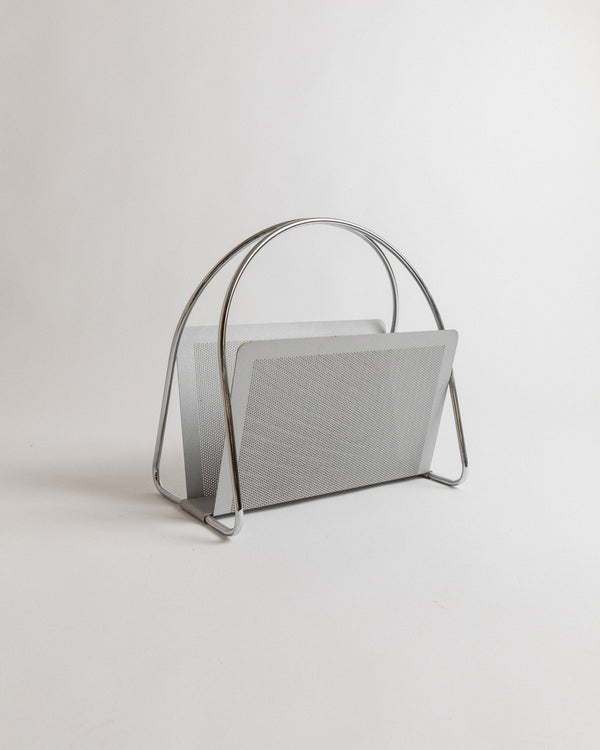 Vintage metal magazine rack by Mascagni - perforated, chrome - plated - space age design Italy 70s - magazine storage, retro gift - Bottega Jacobs