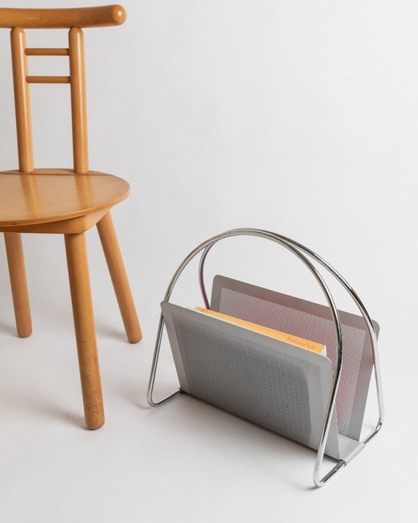 Vintage metal magazine rack by Mascagni - perforated, chrome - plated - space age design Italy 70s - magazine storage, retro gift - Bottega Jacobs