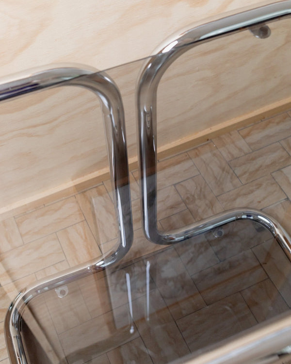 Vintage metal side table - smoked glass and chrome, 2 tiers, space age design, Italy 1980s, Bauhaus storage furniture, elegant gift - Bottega Jacobs