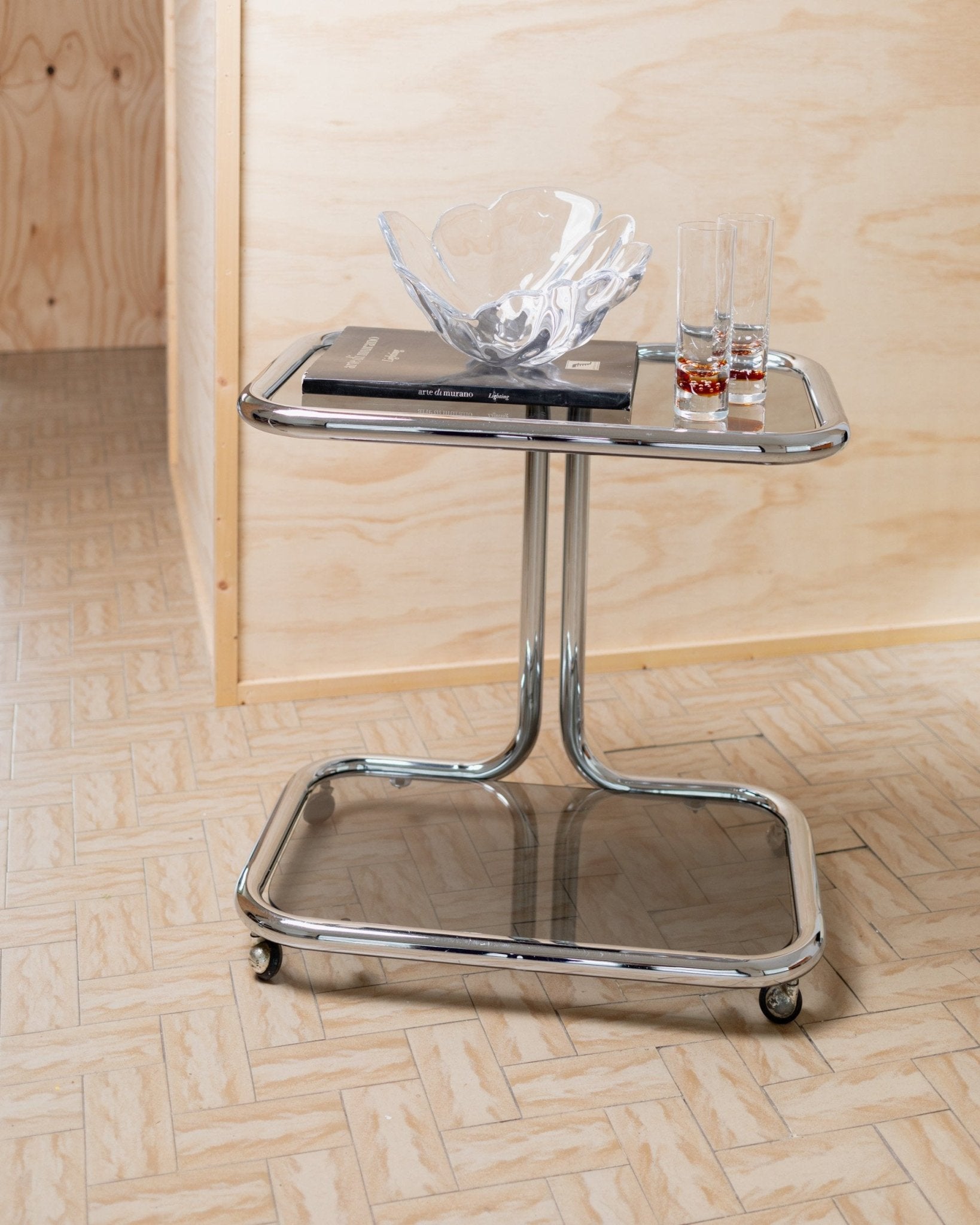 Vintage metal side table - smoked glass and chrome, 2 tiers, space age design, Italy 1980s, Bauhaus storage furniture, elegant gift - Bottega Jacobs