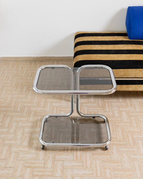 Vintage metal side table - smoked glass and chrome, 2 tiers, space age design, Italy 1980s, Bauhaus storage furniture, elegant gift - Bottega Jacobs