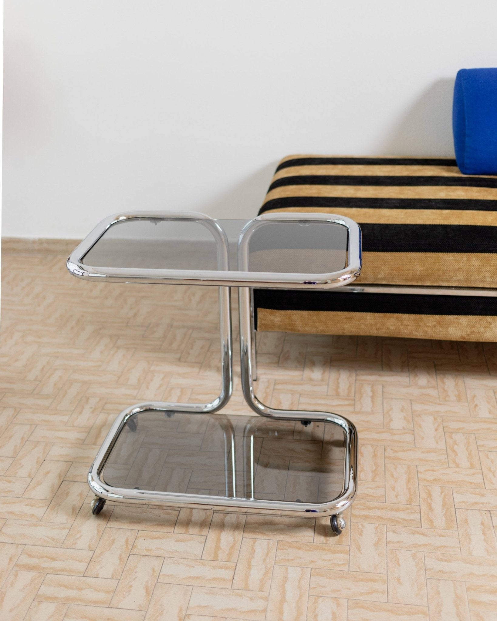 Vintage metal side table - smoked glass and chrome, 2 tiers, space age design, Italy 1980s, Bauhaus storage furniture, elegant gift - Bottega Jacobs