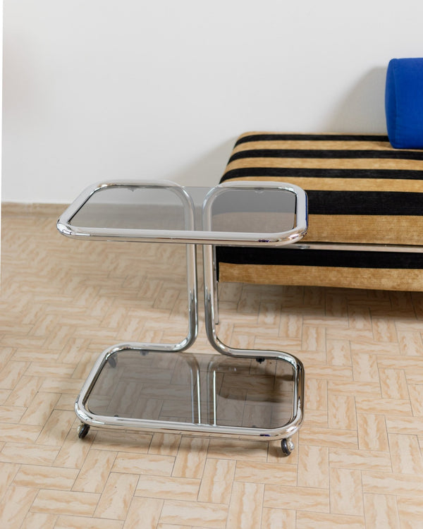 Vintage metal side table - smoked glass and chrome, 2 tiers, space age design, Italy 1980s, Bauhaus storage furniture, elegant gift - Bottega Jacobs