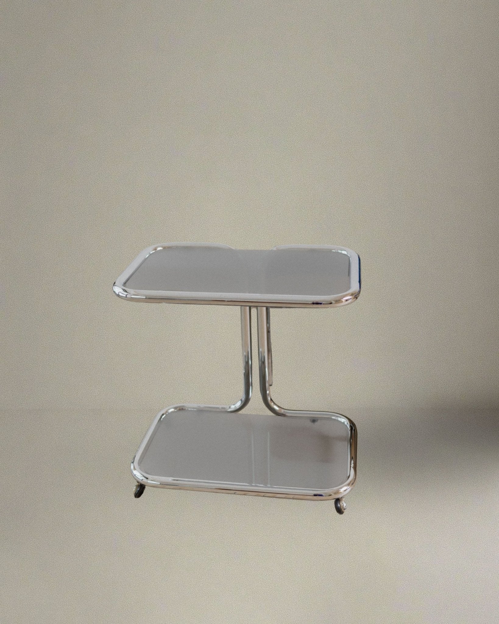 Vintage metal side table - smoked glass and chrome, 2 tiers, space age design, Italy 1980s, Bauhaus storage furniture, elegant gift_Bottega Jacobs