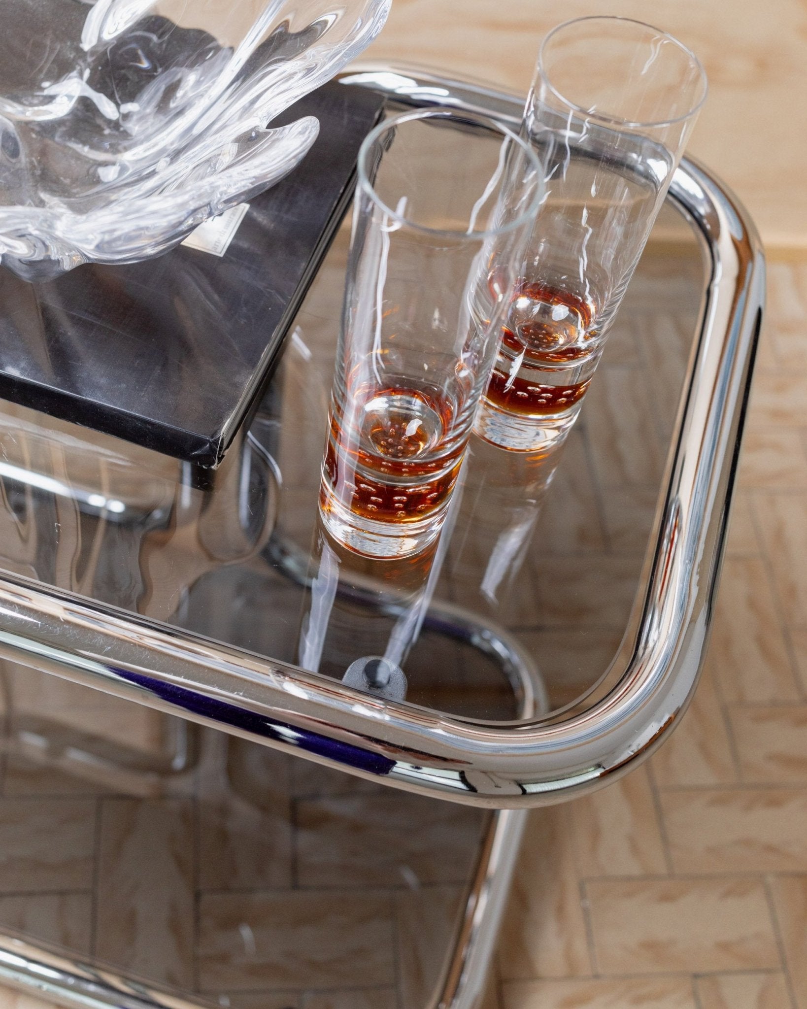 Vintage metal side table - smoked glass and chrome, 2 tiers, space age design, Italy 1980s, Bauhaus storage furniture, elegant gift - Bottega Jacobs