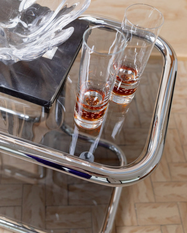 Vintage metal side table - smoked glass and chrome, 2 tiers, space age design, Italy 1980s, Bauhaus storage furniture, elegant gift - Bottega Jacobs