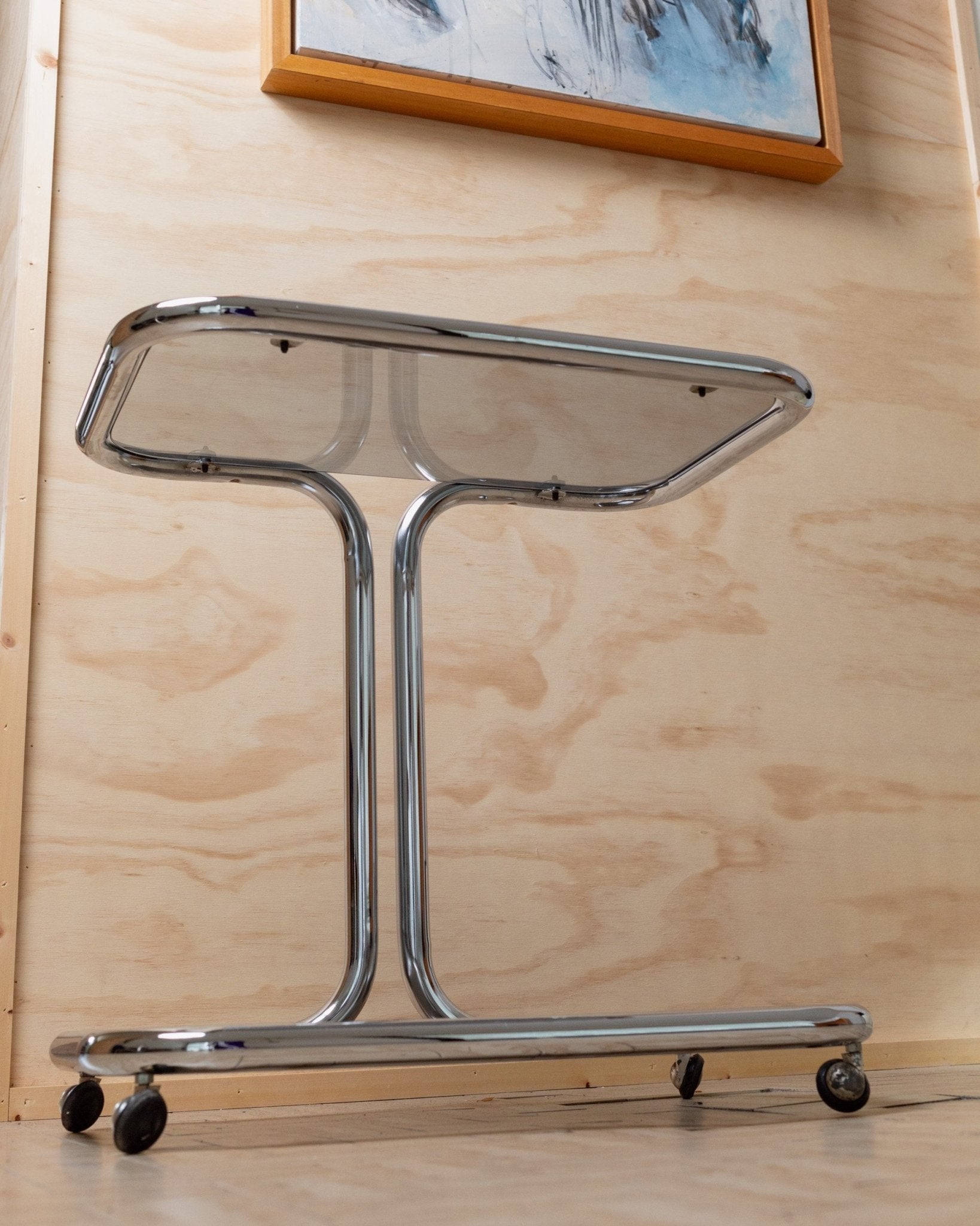 Vintage metal side table - smoked glass and chrome, 2 tiers, space age design, Italy 1980s, Bauhaus storage furniture, elegant gift - Bottega Jacobs