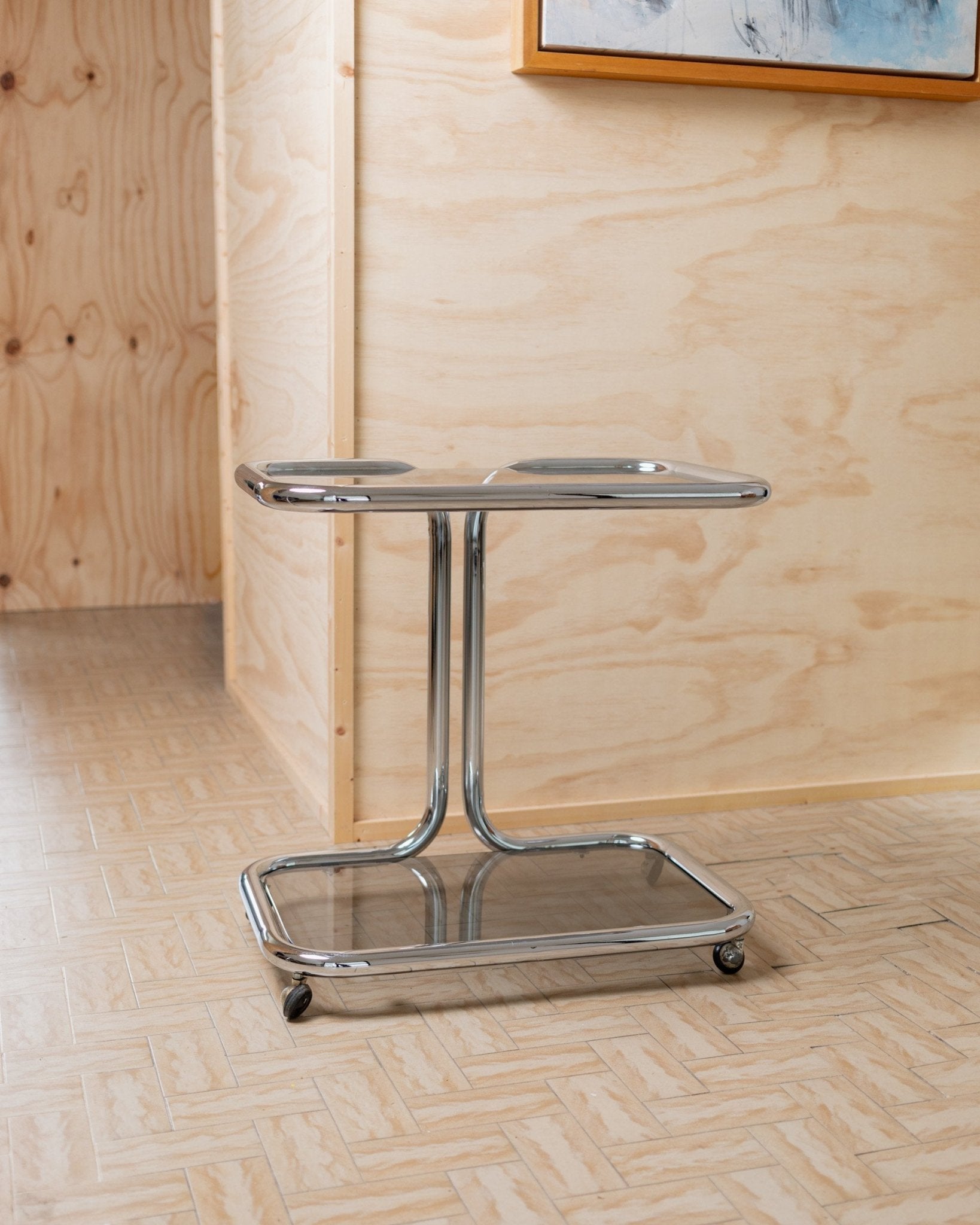 Vintage metal side table - smoked glass and chrome, 2 tiers, space age design, Italy 1980s, Bauhaus storage furniture, elegant gift - Bottega Jacobs