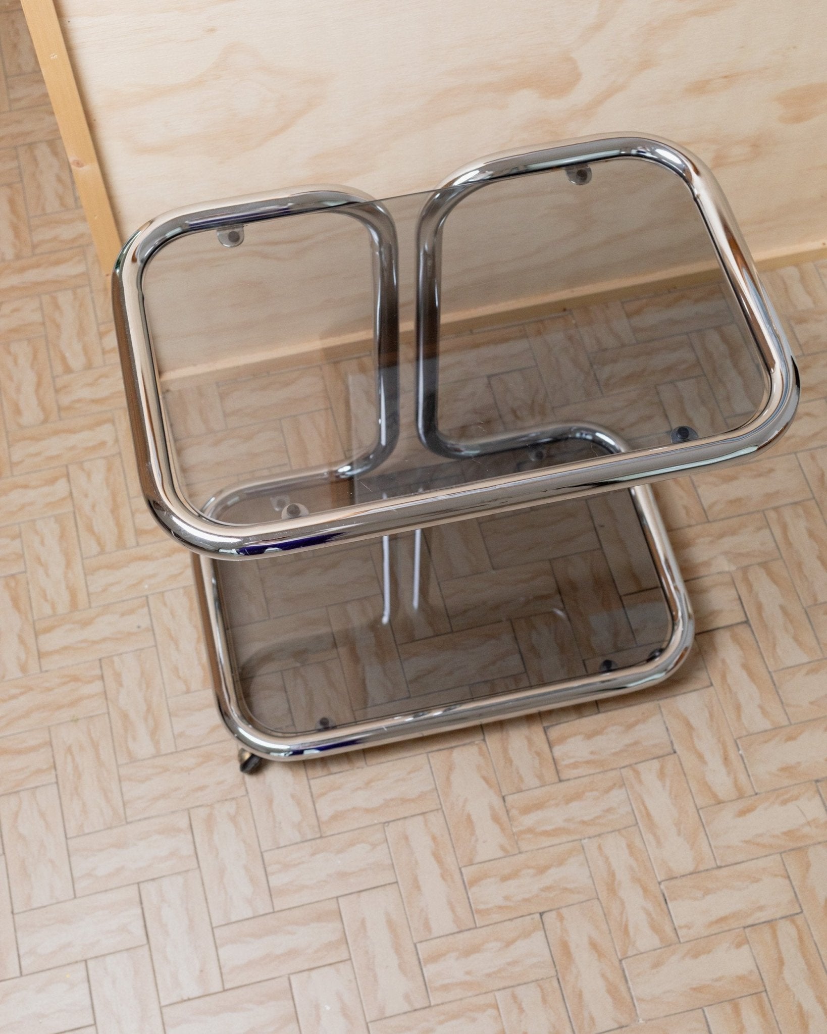 Vintage metal side table - smoked glass and chrome, 2 tiers, space age design, Italy 1980s, Bauhaus storage furniture, elegant gift - Bottega Jacobs