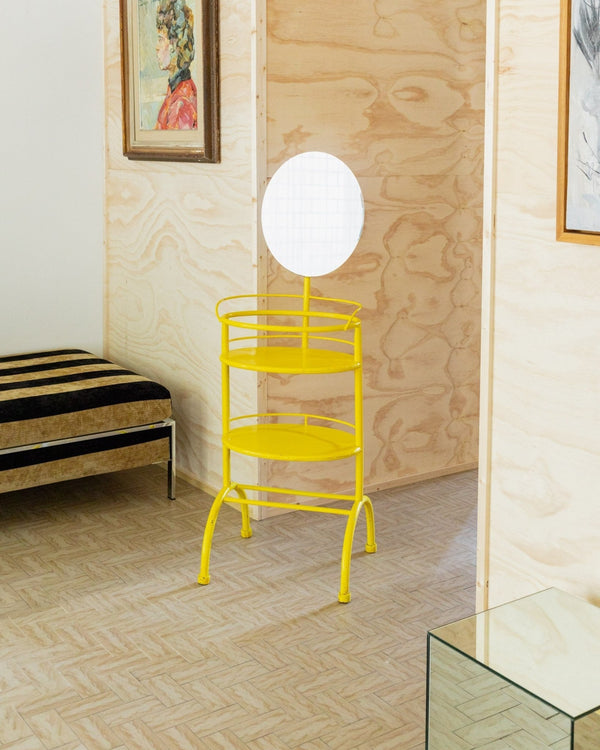 Vintage metal side table with mirror 1960s - multifunctional yellow shelf from Italy - Bottega Jacobs