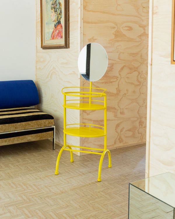 Vintage metal side table with mirror 1960s - multifunctional yellow shelf from Italy - Bottega Jacobs