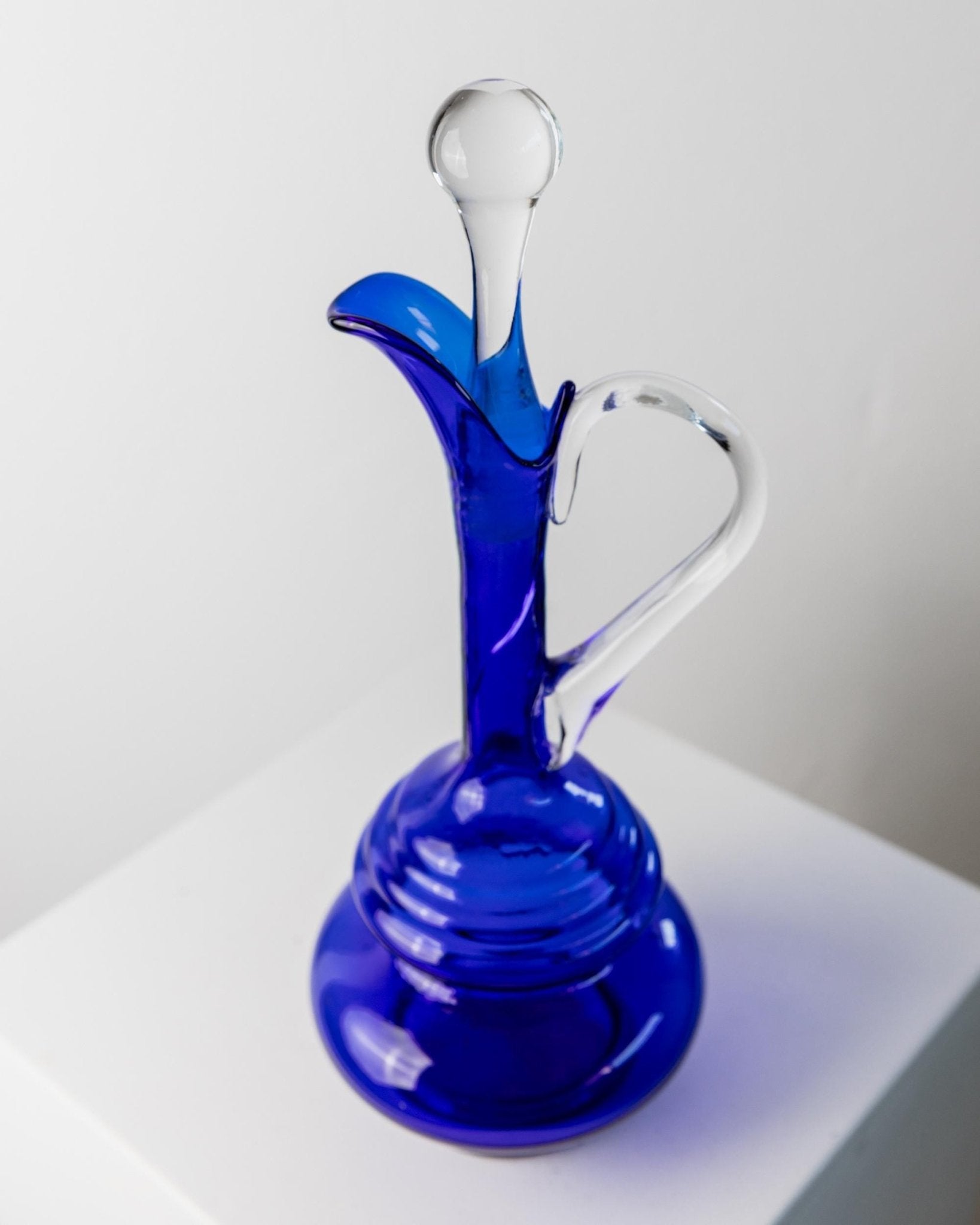 Vintage Murano Carafe - Cobalt Blue with Clear Glass Stopper and Handle - Timeless Mid Century Design Italy 60s - Glass Art, Gift Idea_Bottega Jacobs