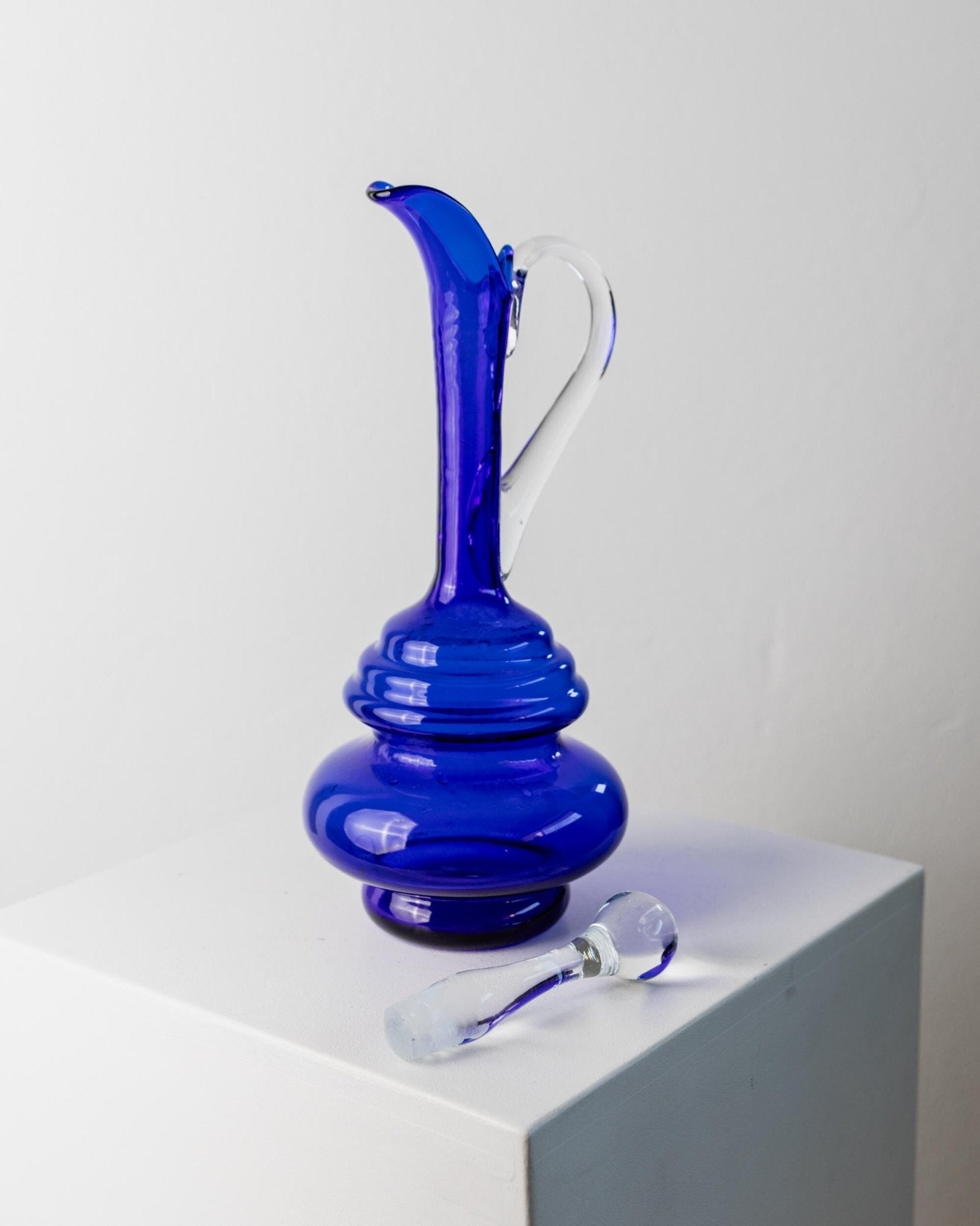 Vintage Murano Carafe - Cobalt Blue with Clear Glass Stopper and Handle - Timeless Mid Century Design Italy 60s - Glass Art, Gift Idea_Bottega Jacobs