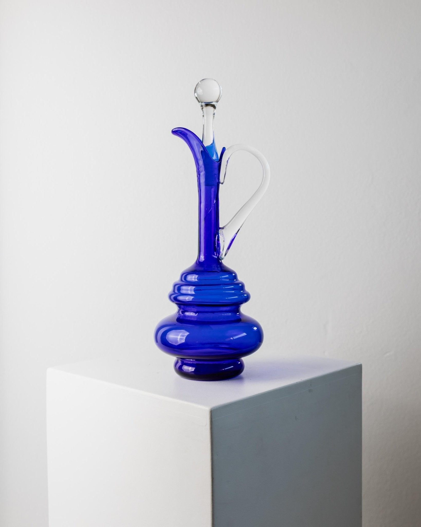 Vintage Murano Carafe - Cobalt Blue with Clear Glass Stopper and Handle - Timeless Mid Century Design Italy 60s - Glass Art, Gift Idea_Bottega Jacobs