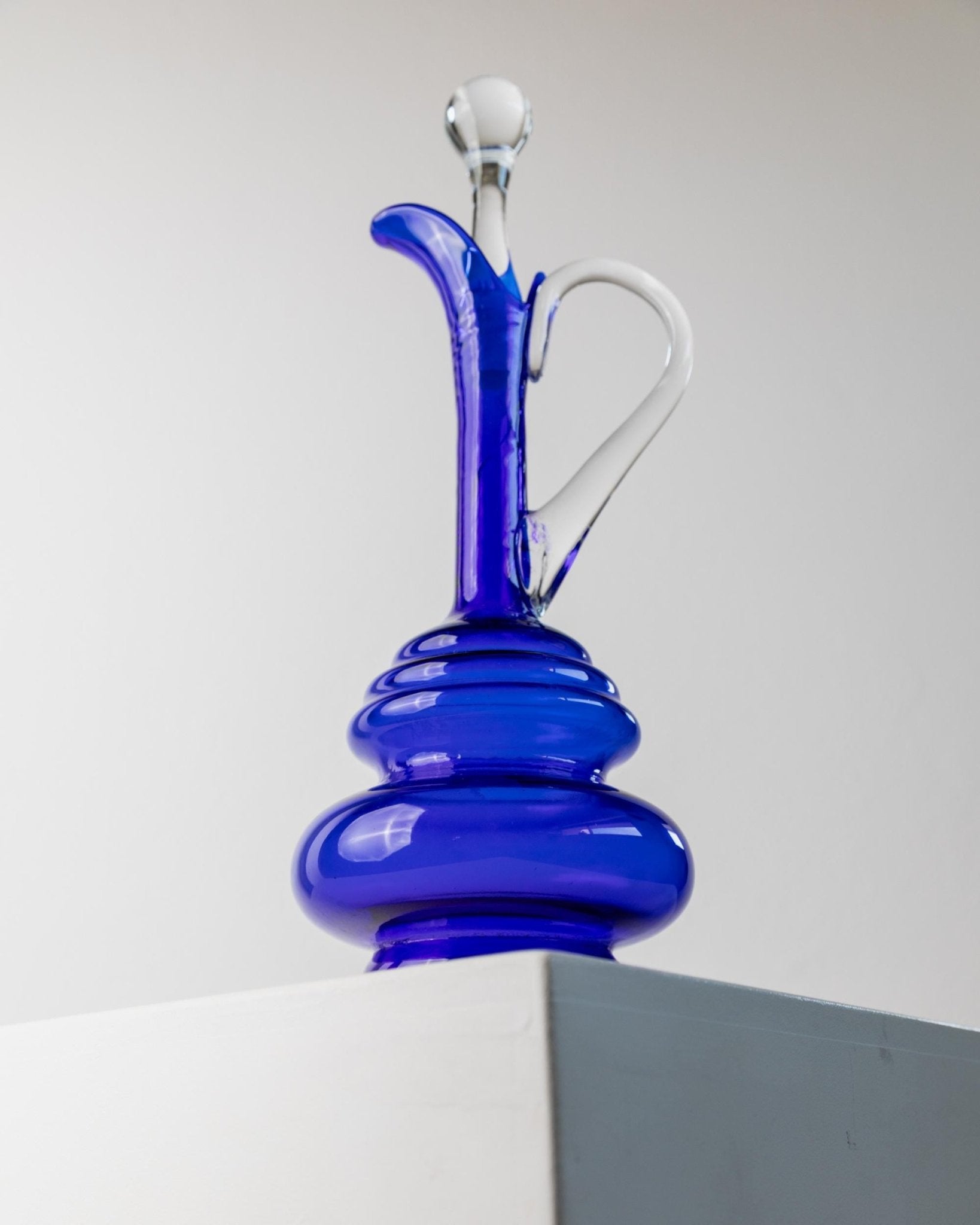 Vintage Murano Carafe - Cobalt Blue with Clear Glass Stopper and Handle - Timeless Mid Century Design Italy 60s - Glass Art, Gift Idea_Bottega Jacobs