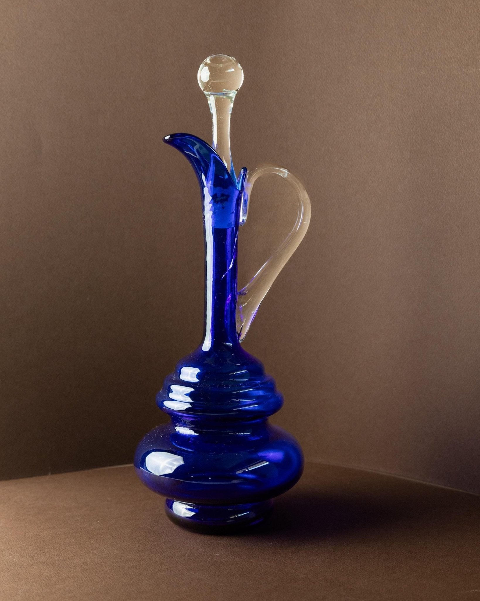 Vintage Murano Carafe - Cobalt Blue with Clear Glass Stopper and Handle - Timeless Mid Century Design Italy 60s - Glass Art, Gift Idea_Bottega Jacobs
