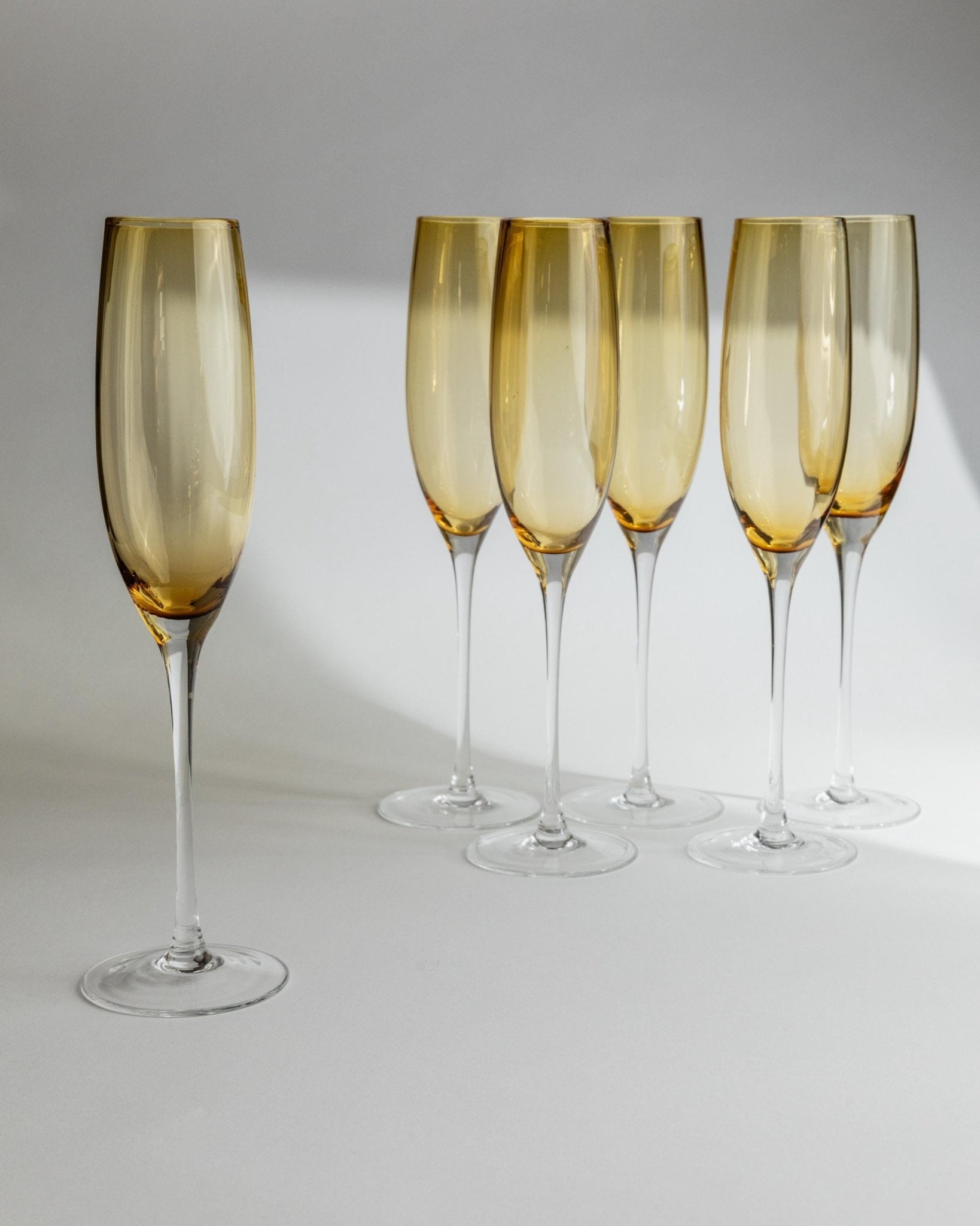 Vintage Murano Glass Champagne Glasses Set of 6 - Amber and Clear Stems - Mid Century Italy 1970s - Gift Idea Elegant, Retro Table Decor_Bottega Jacobs