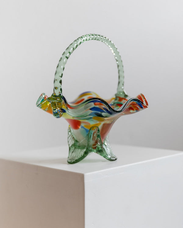 Vintage Murano glass handle bowl - colourful polka dots - Mid Century Design Italy 1970s - Decorative glass art colourful, elegant gift idea - Bottega Jacobs