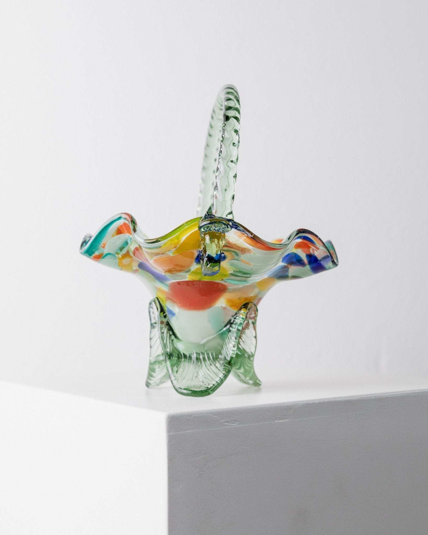 Vintage Murano glass handle bowl - colourful polka dots - Mid Century Design Italy 1970s - Decorative glass art colourful, elegant gift idea - Bottega Jacobs