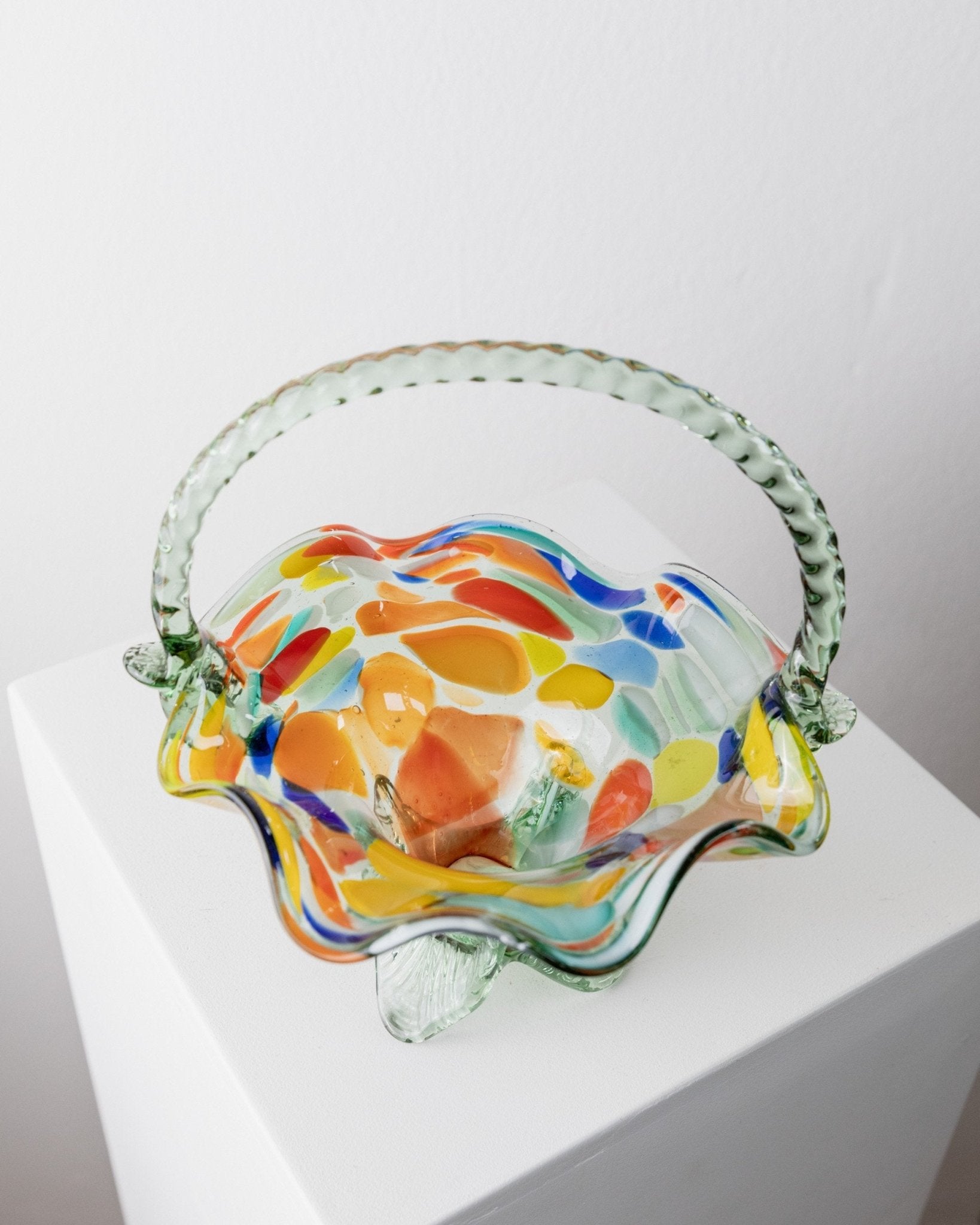 Vintage Murano glass handle bowl - colourful polka dots - Mid Century Design Italy 1970s - Decorative glass art colourful, elegant gift idea - Bottega Jacobs