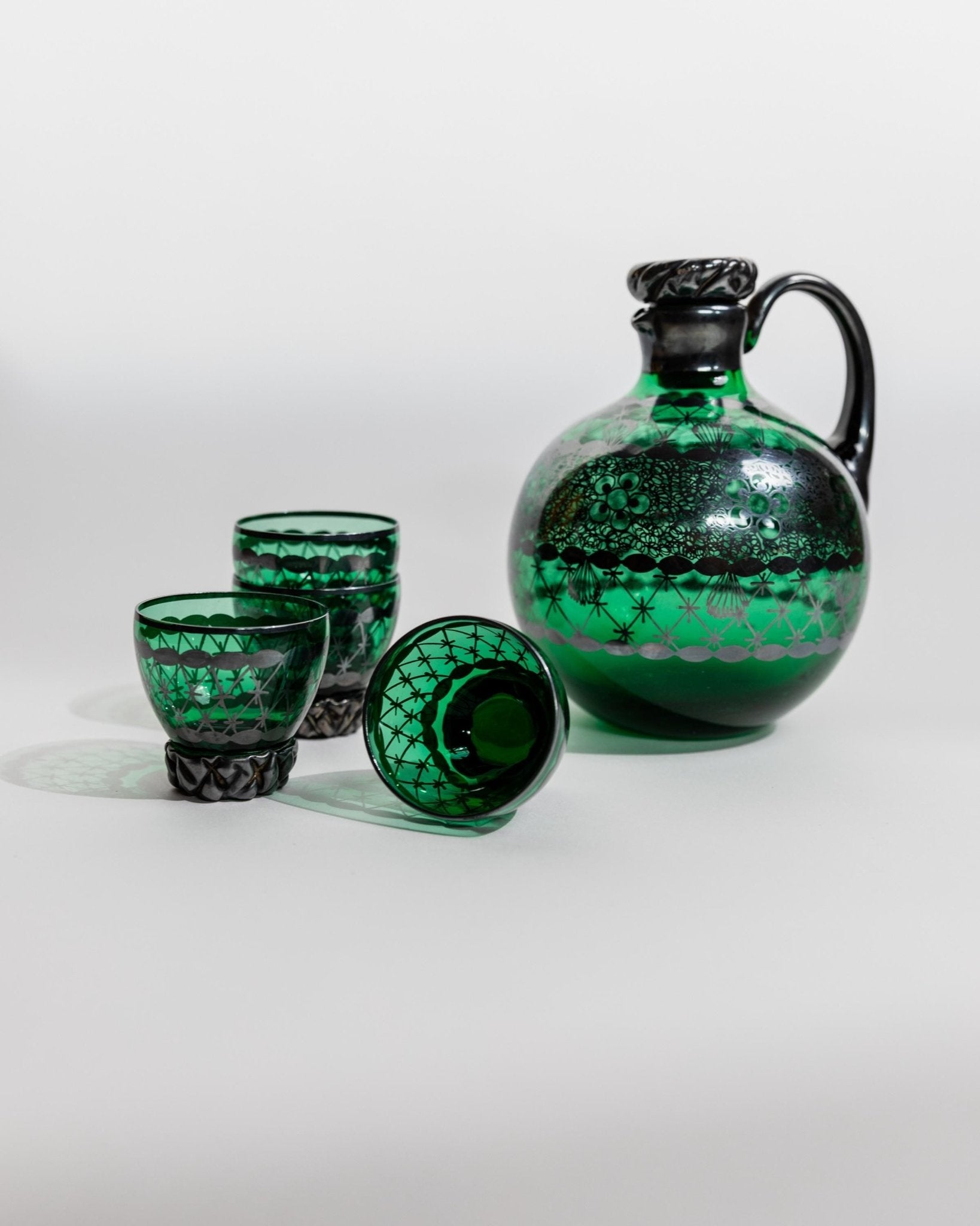 Vintage Murano Glass Liqueur Set, Decanter and Glasses - Green Glass, Hand Painted Silver Decor - Glass - Art Italy 1930s - Gift Idea, Barware_Bottega Jacobs