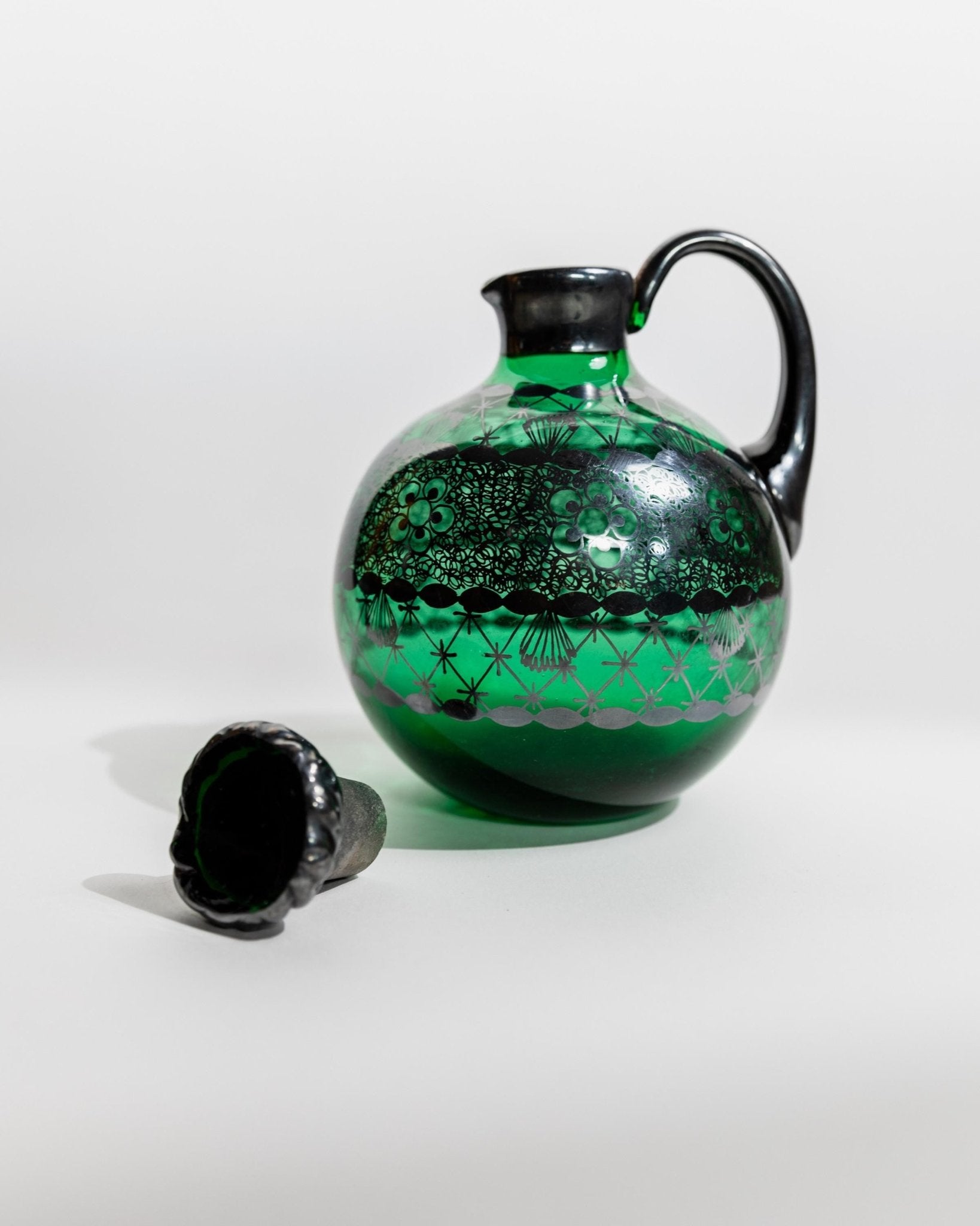 Vintage Murano Glass Liqueur Set, Decanter and Glasses - Green Glass, Hand Painted Silver Decor - Glass - Art Italy 1930s - Gift Idea, Barware_Bottega Jacobs